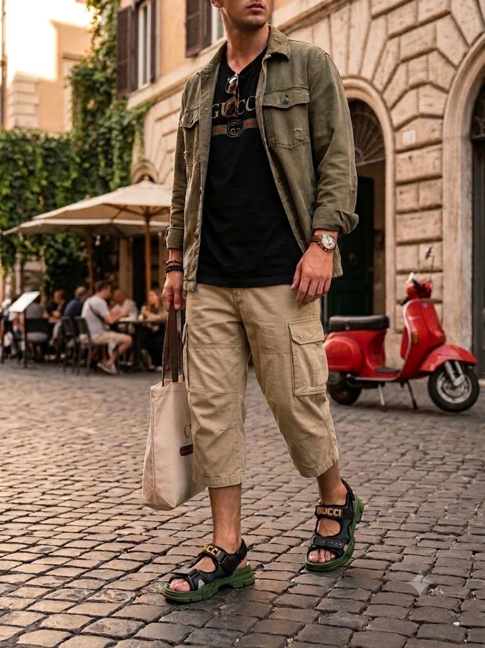Gucci x Sega Aguru Black, Olive Green & Yellow Mesh Logo Platform Sandal